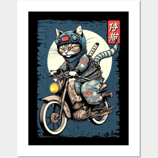 Japanese Samurai Cat on Motorcycle Kawaii Ninja Cat Posters and Art